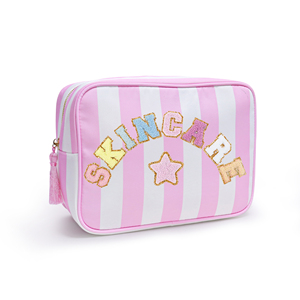 Pochette cosmétique personnalisable DIY avec fermeture éclair à pompons rayés, réutilisable, imperméable, portable et pliable pour femmes et filles – Idéale pour l'été - Product Image 1