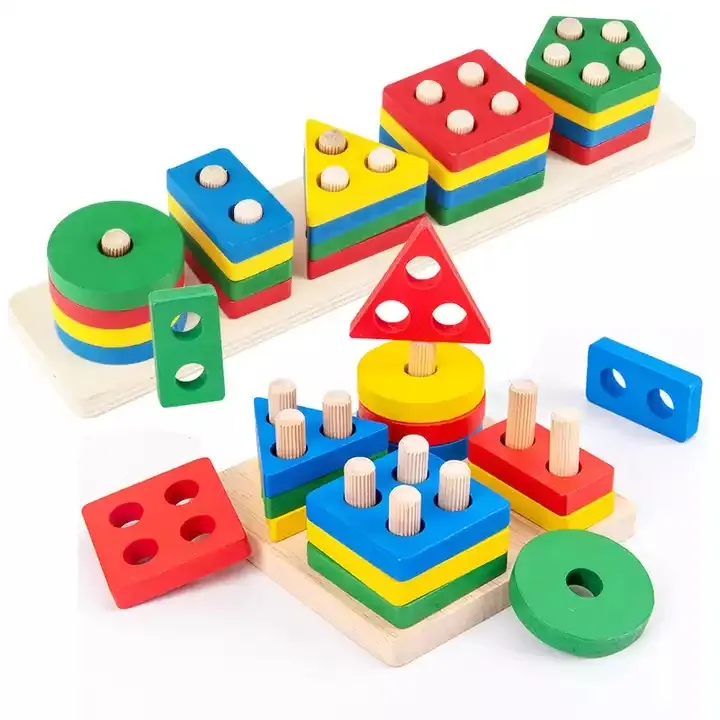 Wooden Geometric Shape Matching Building Blocks Puzzle Montessori Toy Children's Educational Stacking Game Toy