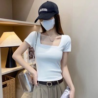 T-shirt décontracté en coton et élasthanne blanc à col licou et manches courtes pour femme, coupe ajustée, printemps/été – Fabrication directe usine, compatible OEM/ODM