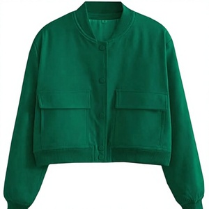 Women's Solid Color Bomber <b>Jacket</b> Full Sleeve Stand Collar <b>Patch</b> Pocket Short Length Autumn Wear - Product Image 1