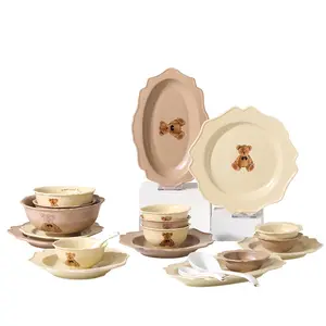 Dijual Langsung dari Pabrik Piring Keramik Lucu, Set Peralatan Makan Keramik Beruang Krim Retro Rumah Tangga
