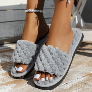 Pantuflas de <span class=keywords><strong>mujer</strong></span> con punta abierta, de felpa suave, con una banda, para interior y exterior, cálidas y cómodas, <span class=keywords><strong>planas</strong></span>, para casa, color gris burbuja. - Product Image 1