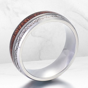 Anneau en carbure de tungstène en acier inoxydable, incrustation de météorite simulée, 8mm de dôme, Hawaii Koa <span class=keywords><strong>bois</strong></span> argent <span class=keywords><strong>Imitation</strong></span> - Product Image 4