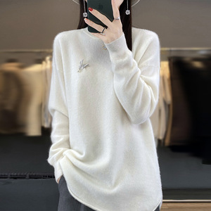 Pull en cachemire et laine <span class=keywords><strong>mérinos</strong></span> pour <span class=keywords><strong>femme</strong></span>, style coréen, décontracté, automne, col rond, respirant, anti-plis, couleur beige personnalisable sur le devant - Product Image 1