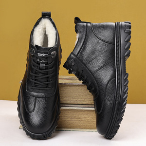 Bottes d'hiver en cuir doublées de polaire pour hommes, noires, à lacets, à semelle épaisse, imperméables, chaudes, chaussures décontractées pour la chasse en plein air - Product Image 4