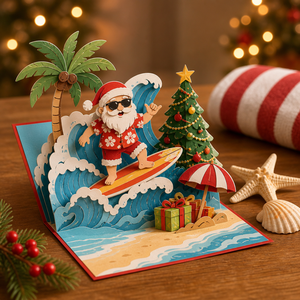 Carte de Noël 3D Pop-up au design original ZS-PC0217, Père Noël sur la plage tropicale avec lunettes de soleil, découpe laser - Product Image 4