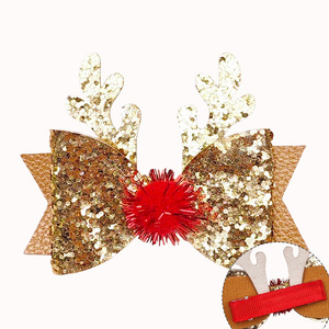 Christmas Xmas Children's Glitter Edge Sequins Barrettes Reindeer <strong>Antler</strong> Hair Clips Girls Bow Hairpin Fabric Accessories - Product Image 3
