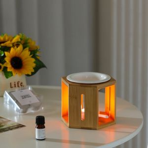 Natural Bamboo Hexagonal Cage Aromatherapy Lamp Burner Ceramic Essential Oil Diffuser Tea Light Candle <strong>Warmer</strong> for Home Spa - Product Image 5