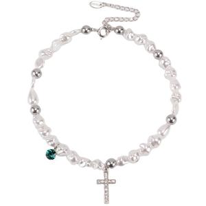 Irregular Pearl <b>Cross</b> Necklace Steel Color Clavicle <b>Chain</b> Everyday Wear - Product Image 4