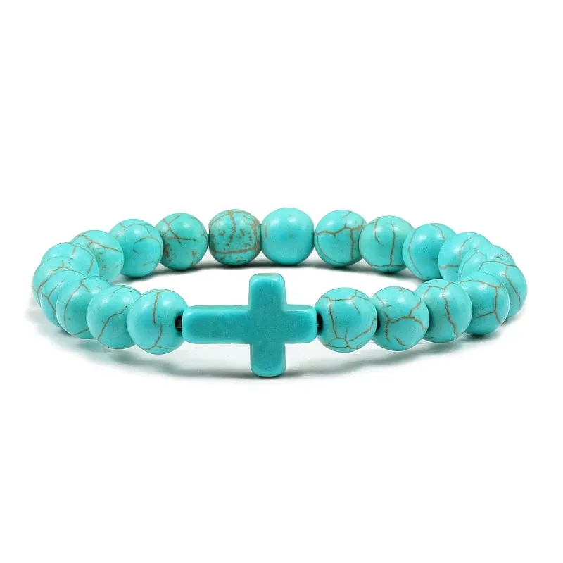 8MM Prayer Beads Natural Stone Green Blue Turquoises Bracelets for Women Jesus Cross Charms Elasticity Yoga Bracelet Men Jewelry