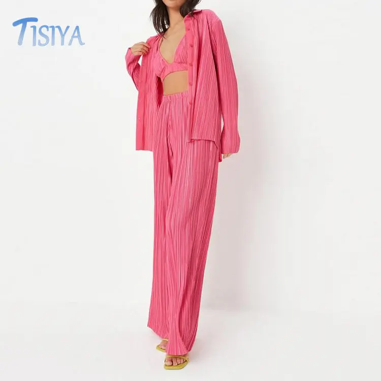 Factory Wholesale Pink women two piece sets Y2k style 2023 hot sell custom wide leg pants summer sets
