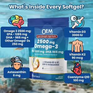 Capsules de gélules molles d'Oméga-3 triple force 2500mg OEM avec EPA, DHA, Vitamine D3, K2, Q10, Astaxanthine pour soutenir la santé cardiaque, cérébrale et immunitaire - Product Image 4