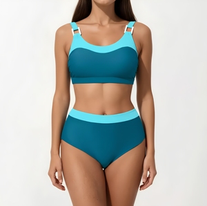 Conjunto de bikini de dos piezas para mujer con bloques de color, top bandeau con cuello redondo, braga de cintura alta y ribete en contraste, traje de baño elástico - Product Image 2
