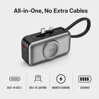 Mini capsule 3 en 1, 20W entrée/sortie, charge rapide, batterie externe sans fil avec câble intégré, support de téléphone, type-C