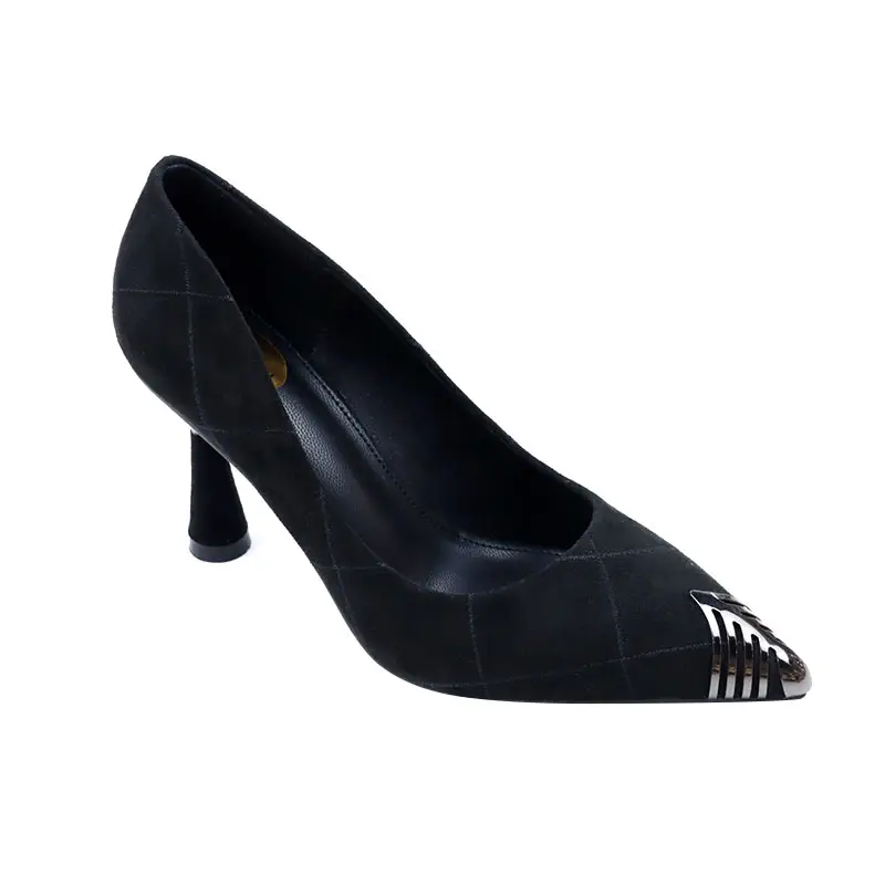 Sexy Metal Pointed Toe Heels Dress Shoes Ladies Shallow Wedding Party Nightclub Black Suede Shoes Stiletto Heel Women's Pumps