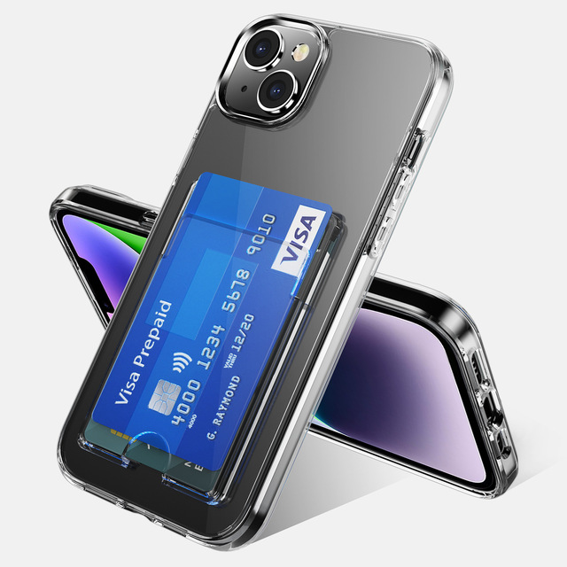 Custom Logo Transparent TPU PC for IPhone15 14 Pro Max Case Luxury Crystal Clear Wallet Phone Case With Card Holder Shockproof