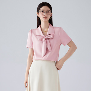 Women White Blouse With Bow Short Sleeve Professional Shirt For Hotel Uniforms - Product Image 2
