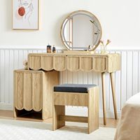 Ensemble de coiffeuse moderne avec miroir LED 3 couleurs, bureau de maquillage en bois clair avec armoire latérale et tabouret rembourré