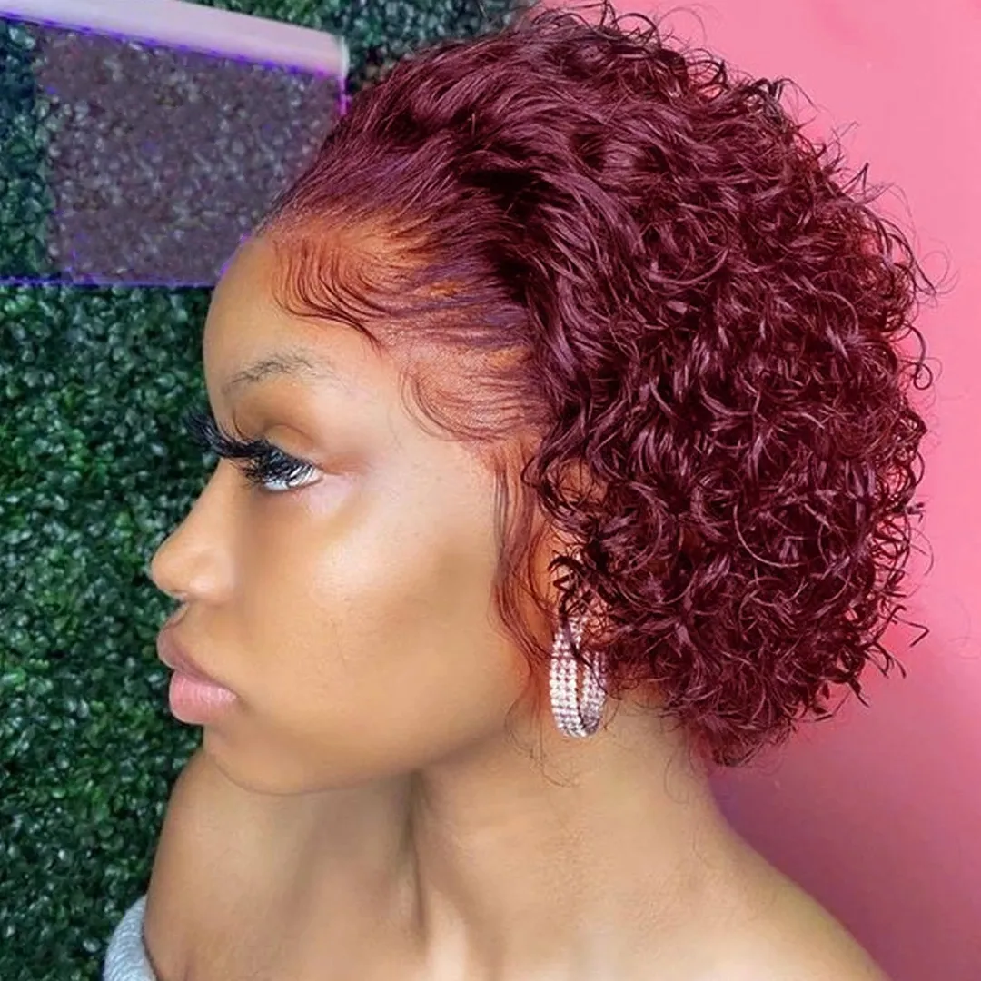 Perruque Pixie Cut Curly Wig Human Hair Pixie 13x1 Short Curly Bob 99j Burgundy Raw Indian 13x4 Pixie Wig With Baby Hair