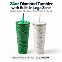 Gobelet isotherme 24oz à texture diamant, zone d'impression dédiée, en plastique cristallin, écologique, réutilisable, pour boba, double paroi, applicable