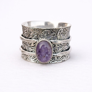 Amethyst <b>Spinner</b> <b>Ring</b> in 925 Sterling Silver with Floral Band Artisan Gemstone Jewelry for Everyday Wear Special Occasions - Product Image 6