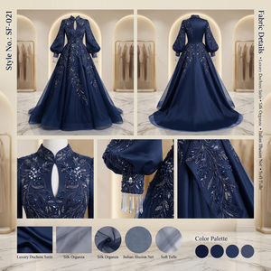 Robe de soirée bleu nuit à col montant et manches classiques, ornée de cristaux et de pompons, en satin moderne, idéale pour les événements formels - Product Image 2