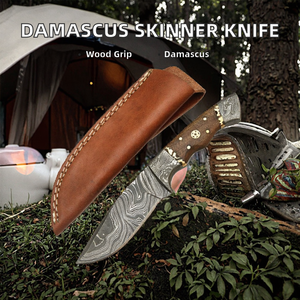 Cuchillo Jexmoo OEM hecho a mano de acero de Damasco de grado industrial, 2 mm de grosor, hoja curva de 9 pulgadas, mango de madera, funda de cuero. - Product Image 2