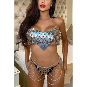 Microbikini de Metal con borlas y diamantes de imitación para mujer, vestido Sexy con cadena y lentejuelas, sujetador superior