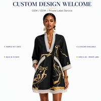 Robe Kaftan Personnalisée à Imprimé Doré Effet Lin, Dentelle Crochetée, Col en V, Manches Trois Quarts, Poches, Coupe Évasée Estivale