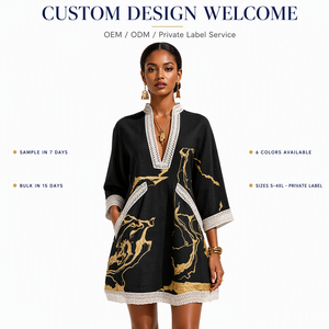 Vestido Kaftan Personalizado con Estampado de Lámina Dorada, Estilo Lino, Encaje de Ganchillo, Cuello en V, Manga Tres Cuartos, Bolsillos, Corte en A, para <span class=keywords><strong>Verano</strong></span> - Product Image 1