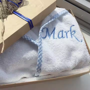 Monogramma vestaglie per neonati bianco <span class=keywords><strong>cotone</strong></span> spugna con tubazioni blu <span class=keywords><strong>accappatoio</strong></span> personalizzato con cappuccio di lusso - Product Image 6