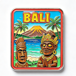 Pin Metálico de Recuerdo de Bali, Forma Rectangular, Esmalte Duro, Diseño de Arte Folclórico, Palmeras, Escena de Montaña, Regalo de Viaje - Product Image 2