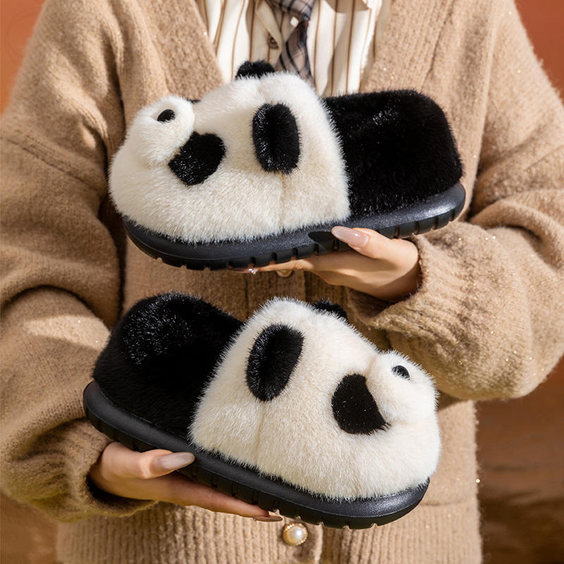 Womens Furry Slippers with EVA Outsole Winter Warm Plush-Lined Non-Slip Cushioning Cotton Slides Panda Slipper Indoor Home Use