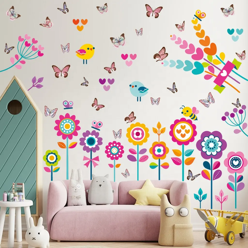 A Set Of 4 PVC Waterproof Wall Stickers Children's Room Decoration Sunflower Bird Cute Stickers Hoom Decoration