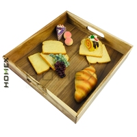 Plateau de service rectangulaire en bois d'acacia avec poignées découpées, plateau en bois pour le petit-déjeuner, le pain, le café