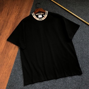 Men's Black Short Sleeve T-<b>Shirt</b> With Plaid Collar Bur berry Contrast Trim Regular Fit Casual Knitted 100% Cotton O-Neck Design - Product Image 1