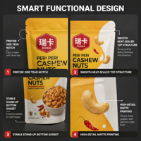 Op maat gemaakte aluminiumfolie Mylar ziplock staande pouch voor cashewnoten snackverpakking, matte frosted pouch, hersluitbaar