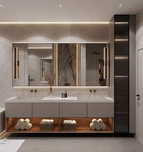 Meuble de salle de bain de luxe avec miroir et éclairage intégrés, vasque moderne et armoire de toilette - Product Image 1