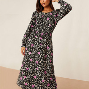 Vestido negro de manga larga con estampado floral para mujer, fabricantes de ropa, elegantes vestidos MIDI con cintura fruncida y logotipo personalizado - Product Image 3