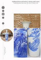 Vase en porcelaine bleu et blanc de style chinois Jingdezhen, grand modèle sur pied, 'Splendid Landscapes', pour salon, hôtel