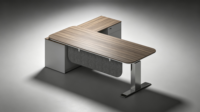 Bureau de direction électrique réglable en hauteur, bureau de forme L, bureau assis-debout avec armoire de rangement intégrée