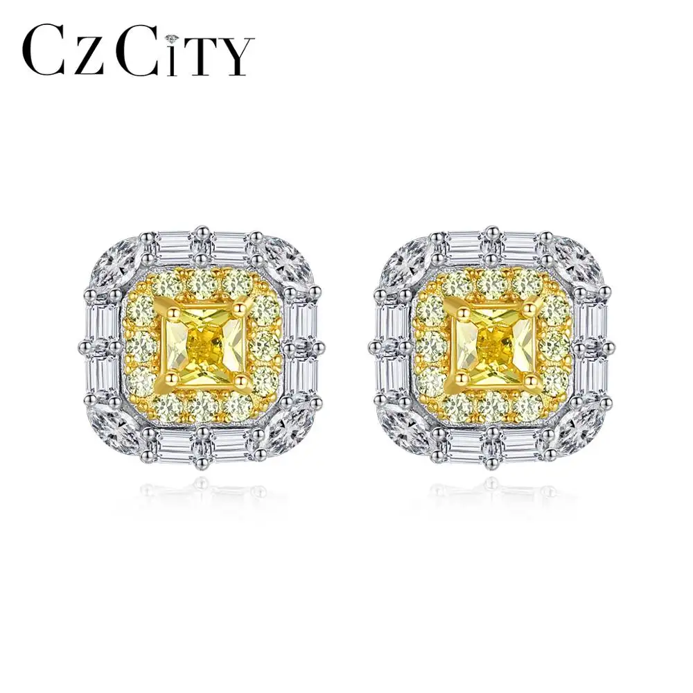 Czcity Fancy Geel Crystal Zirconia 925 Sterling Zilver Dames Stud Oorbellen Voor Party