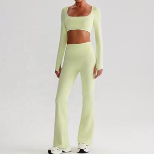Femmes taille haute réversible respirant Yoga Fitness porter 2 pièces ensemble couleur unie mode vêtements de sport - Product Image 6