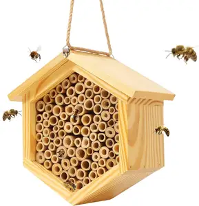 Mason Bee House Native Bee Hive Hexagon House Natural Handmade Wooden Mason Bee Box Habitat Home Hotel with Bamboo Tubes