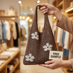 Bolso Tote de <span class=keywords><strong>Ganchillo</strong></span> Hecho a Mano con Logotipo Personalizado, Estilo Boho, Bolso de Hombro de Malla Floral Marrón, Bolso de Compras Tejido Sostenible para Boutique de Verano - Product Image 5