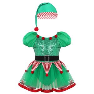 Kids Girls Christmas Elf Dress Fairy Spirit Costume <strong>Outfit</strong> Short Puff Sleeves Sequined Mesh Tutu Leotard Dress With Hat - Product Image 1