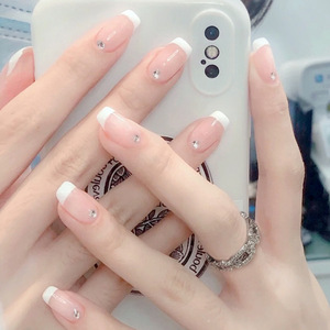 Uñas postizas francesas rosas con diamantes de imitación, puntiagudas, listas para usar, parches de arte de uñas. - Product Image 2