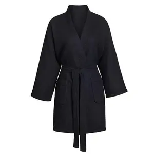 Großhandel Damen Robe Oberschenkel Länge Kimono Waffel Spa Bademantel Schwarz