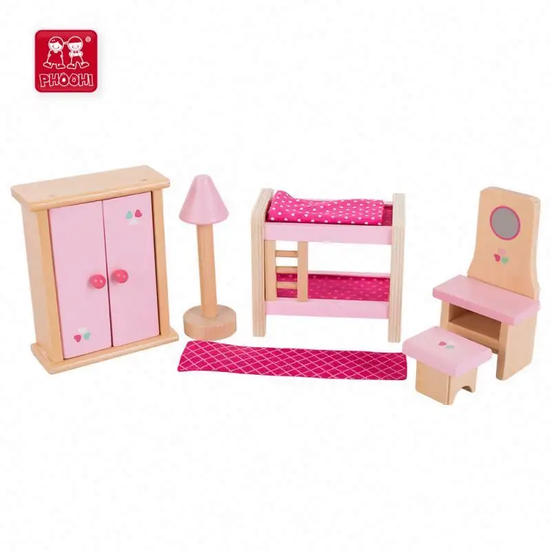 أثاث غرفة نوم الأطفال الوردي الطبيعي المصغر أثاث منزل دمية خشبي صغير