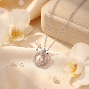 S925 Sterling Silver Shell Pearl Ribbon <b>Bow</b> Pendant Necklace with CZ Circle Frame, Fashion Dainty Pearl Necklace for Women - Product Image 3